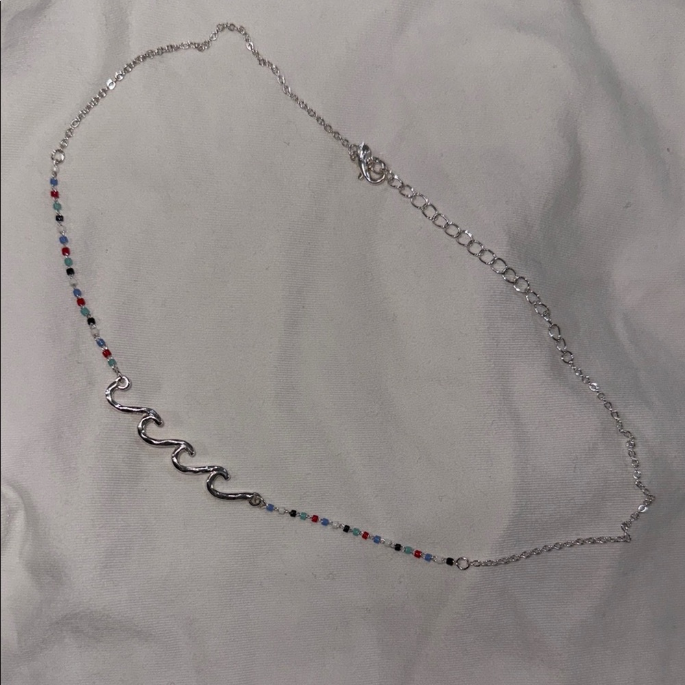 Silver Wave Necklace with Multicolor Beads